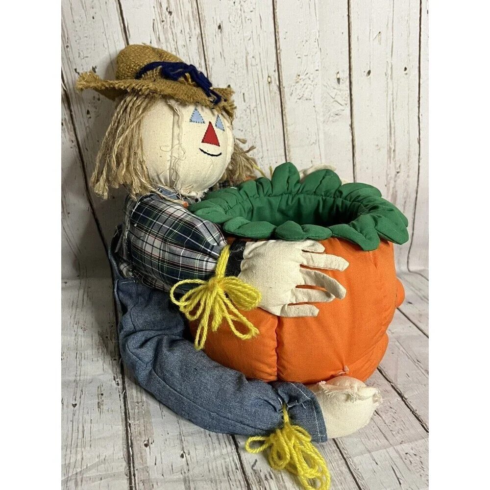 Vintage 90s Plush pumpkin Scarecrow halloween candy bowl - Picture 4 of 7